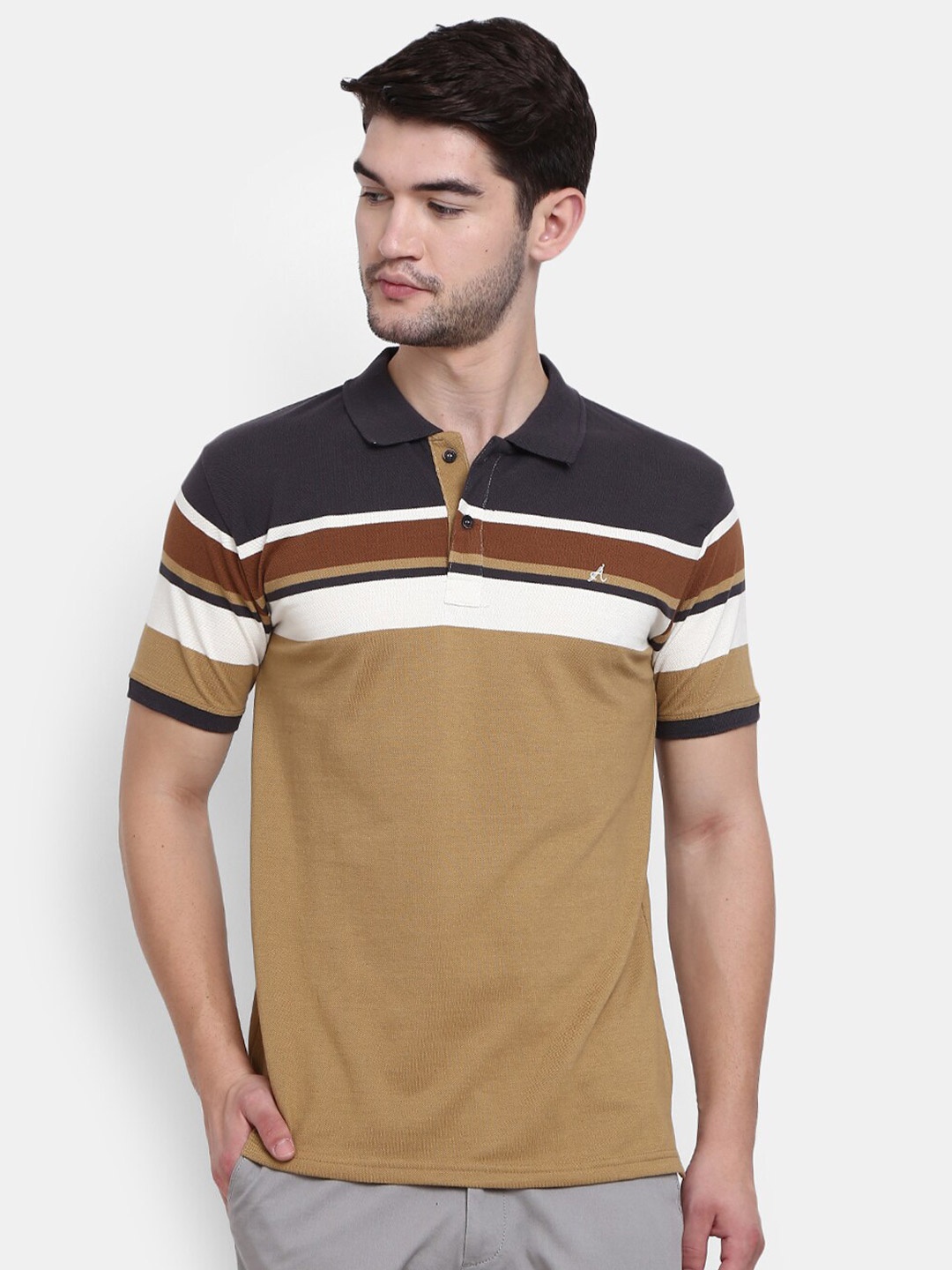 

V-Mart Men Beige Colourblocked Polo Collar Applique T-shirt