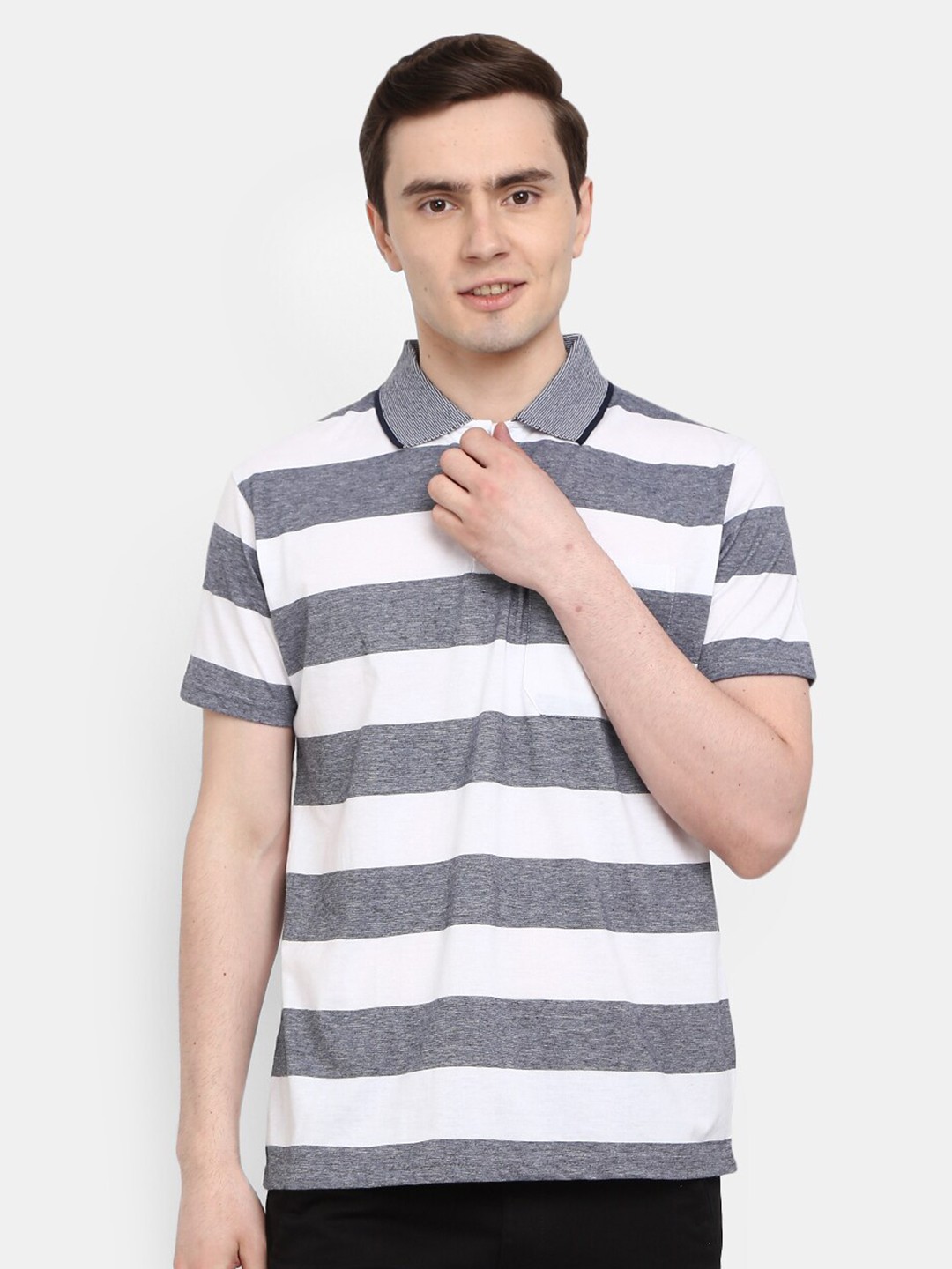 

V-Mart Men Grey & magnolia Striped Polo Collar T-shirt