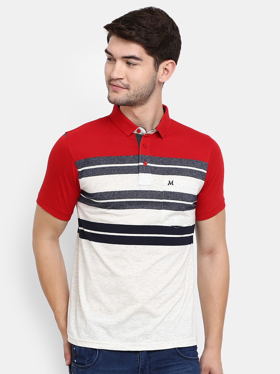 

V-Mart Men Red Striped Polo Collar T-shirt