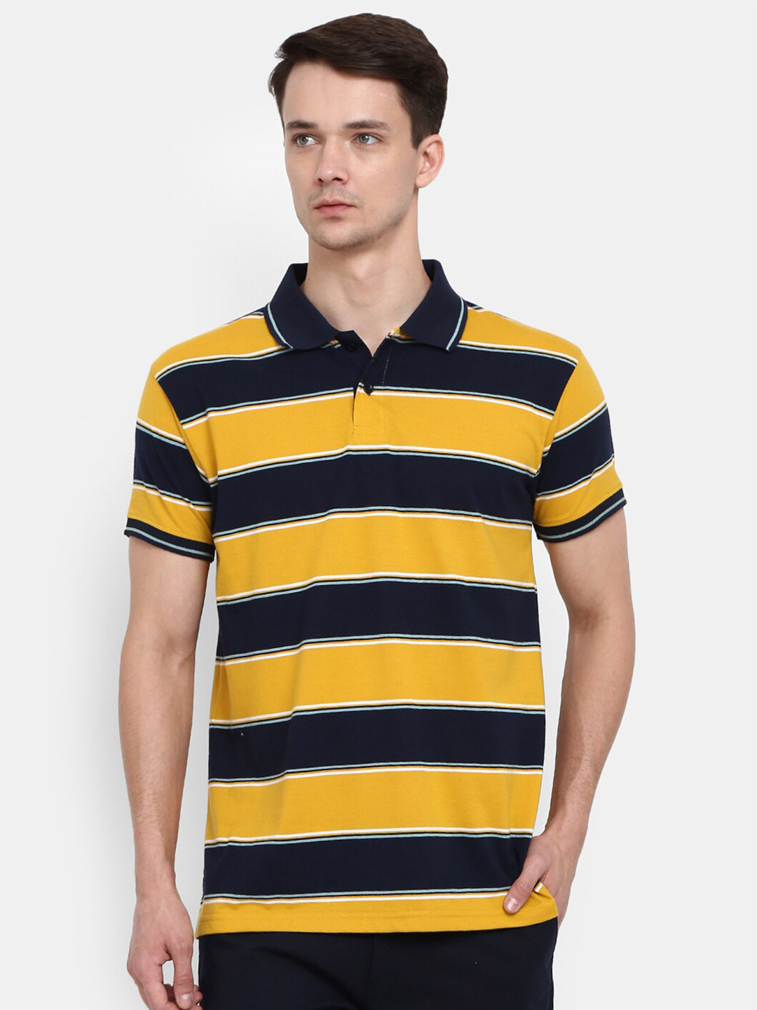 

V-Mart Men Navy Blue Striped Polo Collar T-shirt