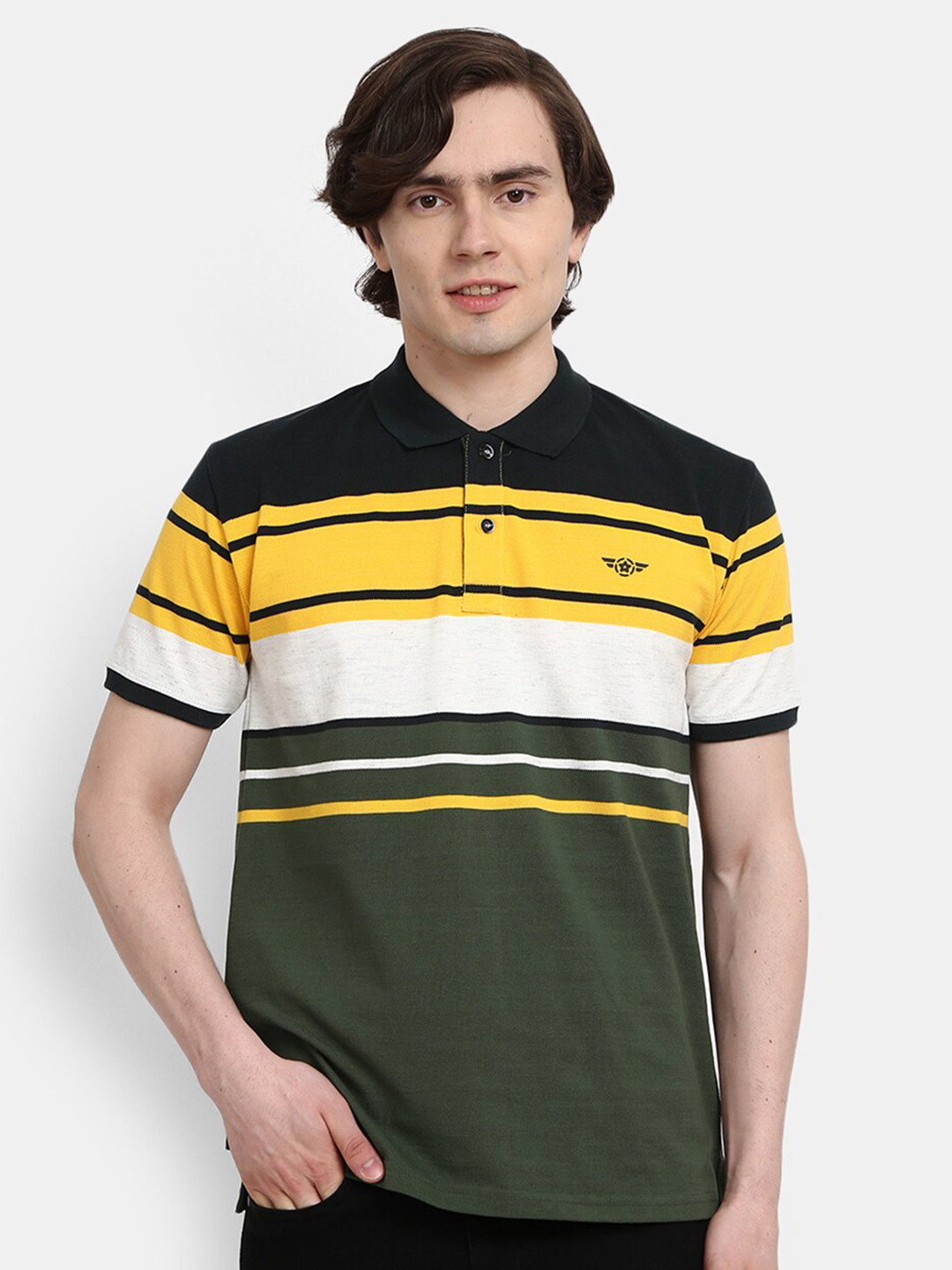 

V-Mart Men Green Striped Polo Collar T-shirt