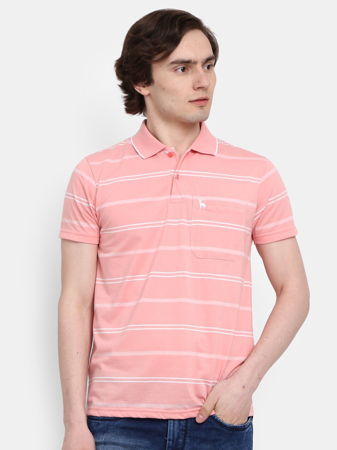 

V-Mart Men Pink & impatiens pink Striped Polo Collar T-shirt