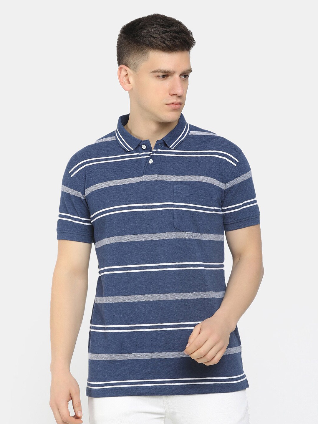 

V-Mart Men Blue Striped Polo Collar T-shirt