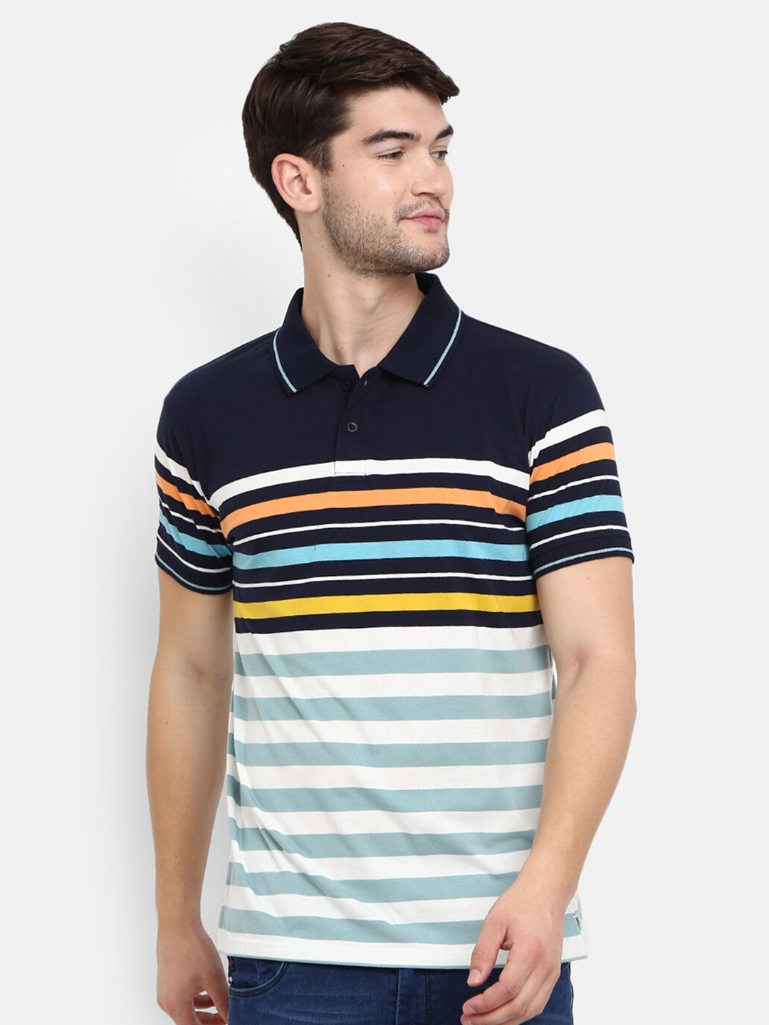 

V-Mart Men Navy Blue & french middle red purple Striped Polo Collar T-shirt