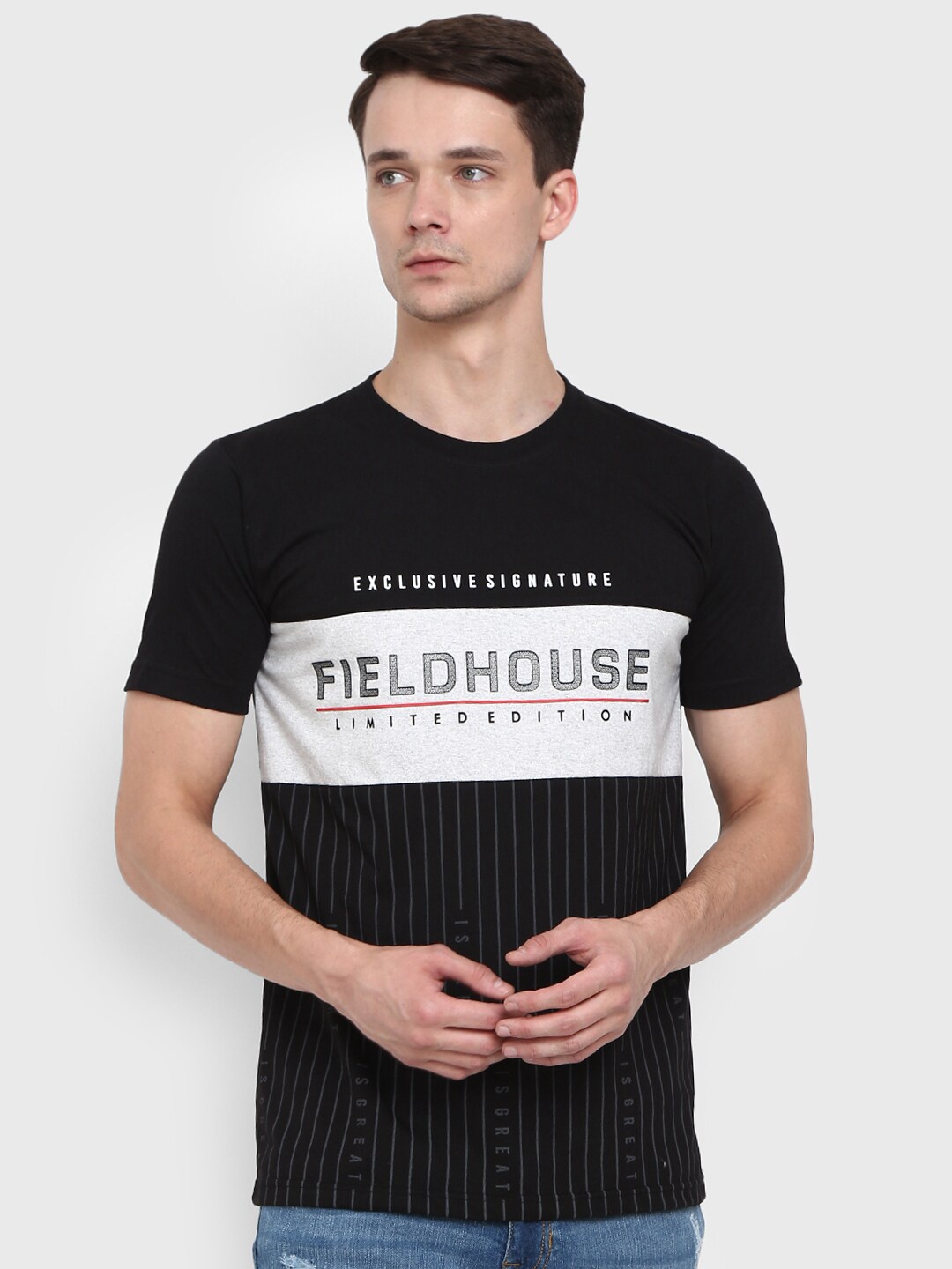 

V-Mart Men Black Colourblocked Applique Slim Fit T-shirt