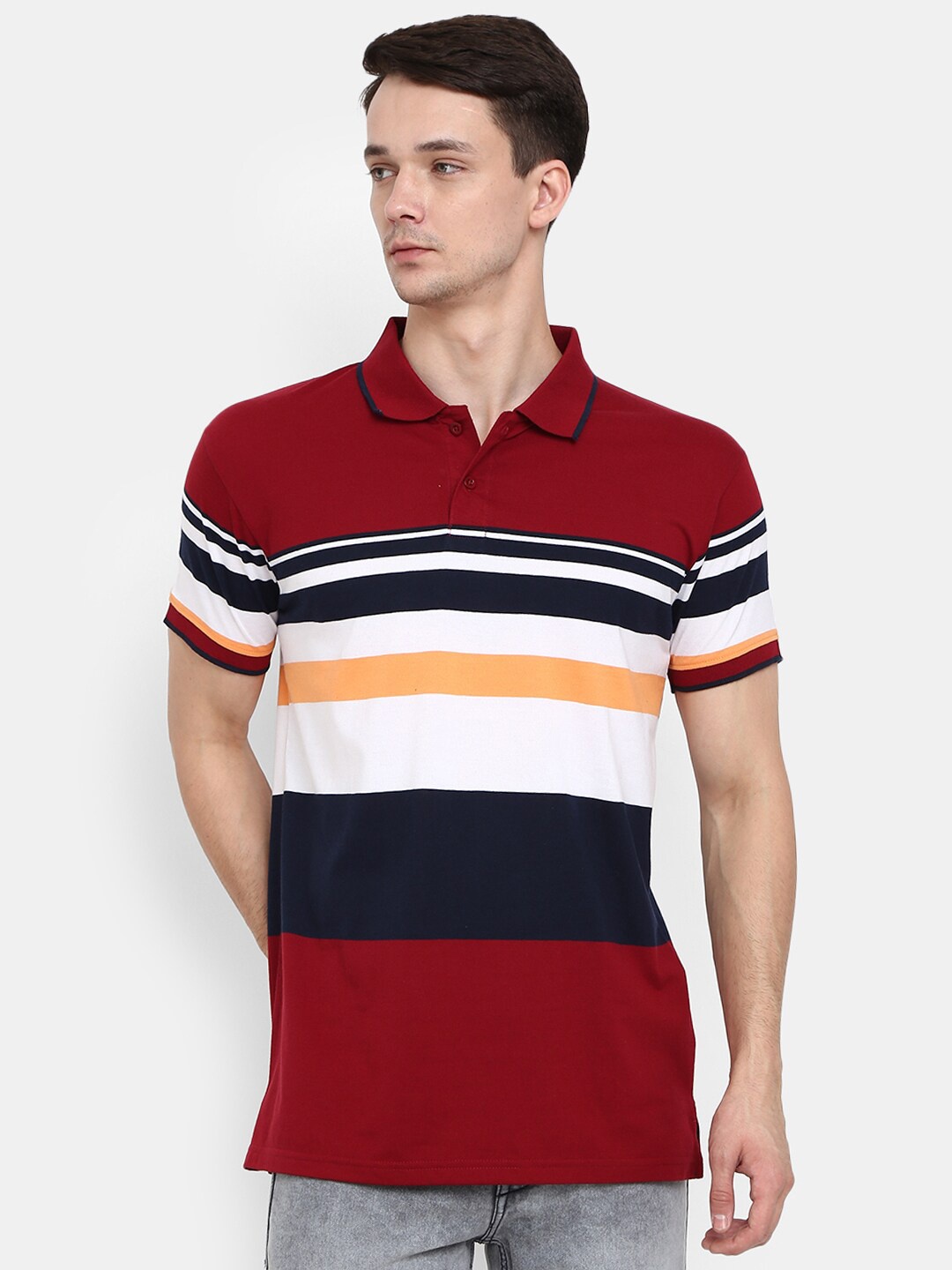 

V-Mart Men Red Striped Polo Collar T-shirt