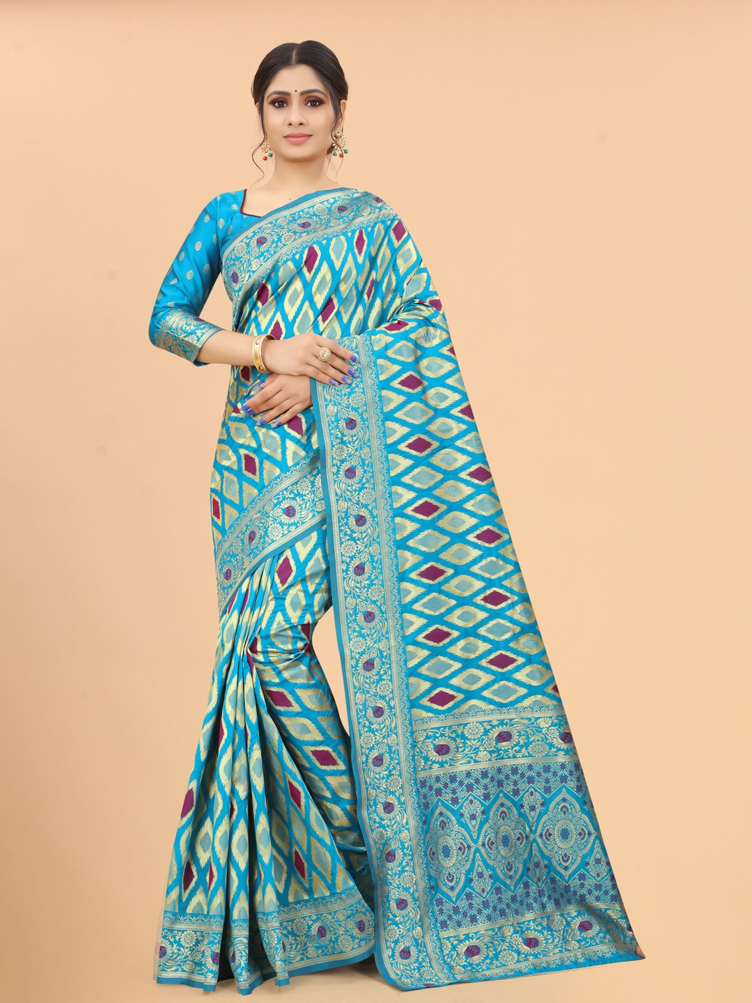 

INDI AVTAAR Blue & Maroon Woven Design Zari Silk Cotton Fusion Banarasi Saree