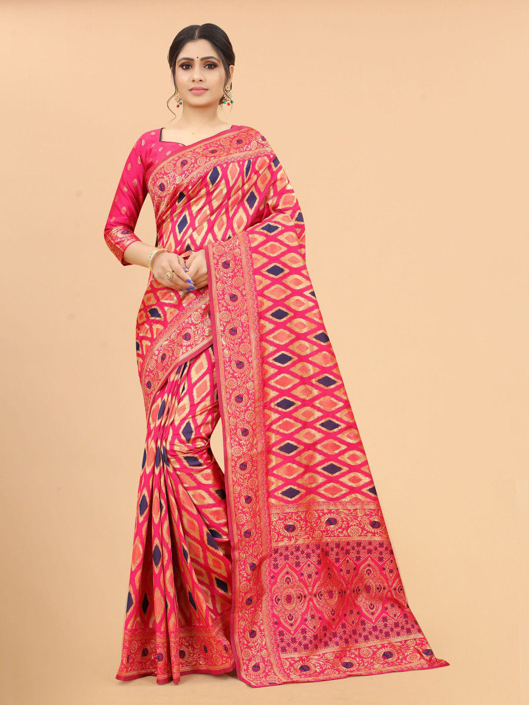 

INDI AVTAAR Peach-Coloured & Blue Woven Design Zari Silk Cotton Fusion Banarasi Saree