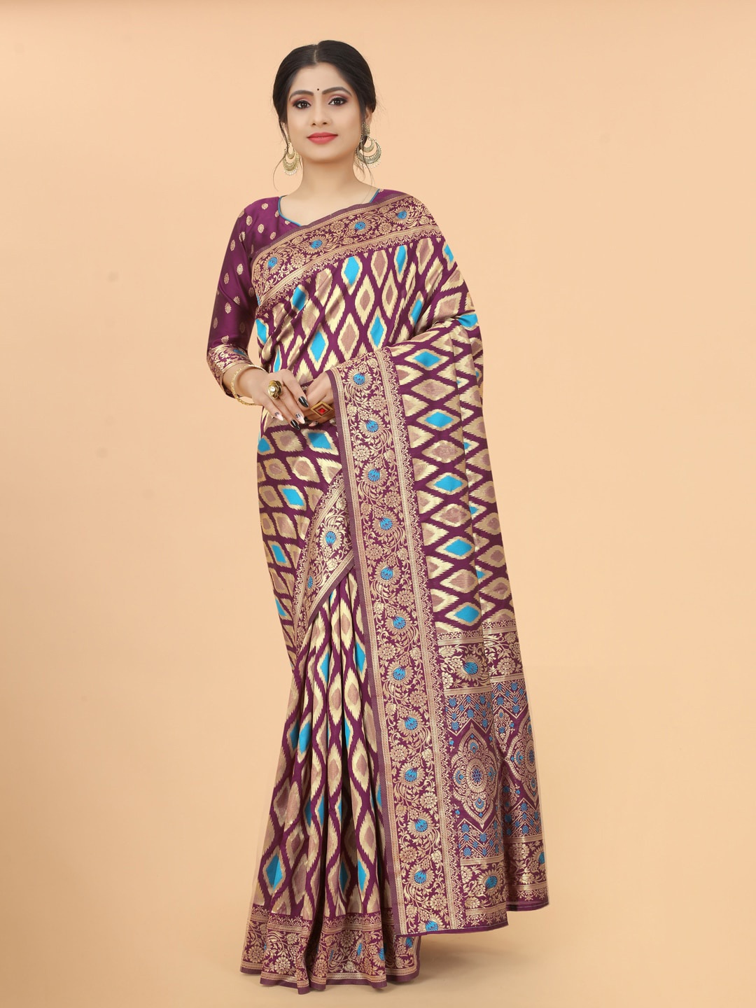 

INDI AVTAAR Burgundy & Blue Woven Design Zari Silk Cotton Fusion Banarasi Saree