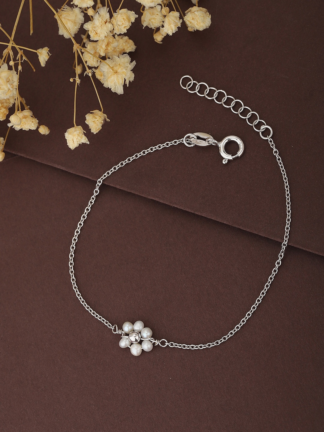 

VANBELLE Women Silver-Toned & White Sterling Silver Pearls Rhodium-Plated Charm Bracelet