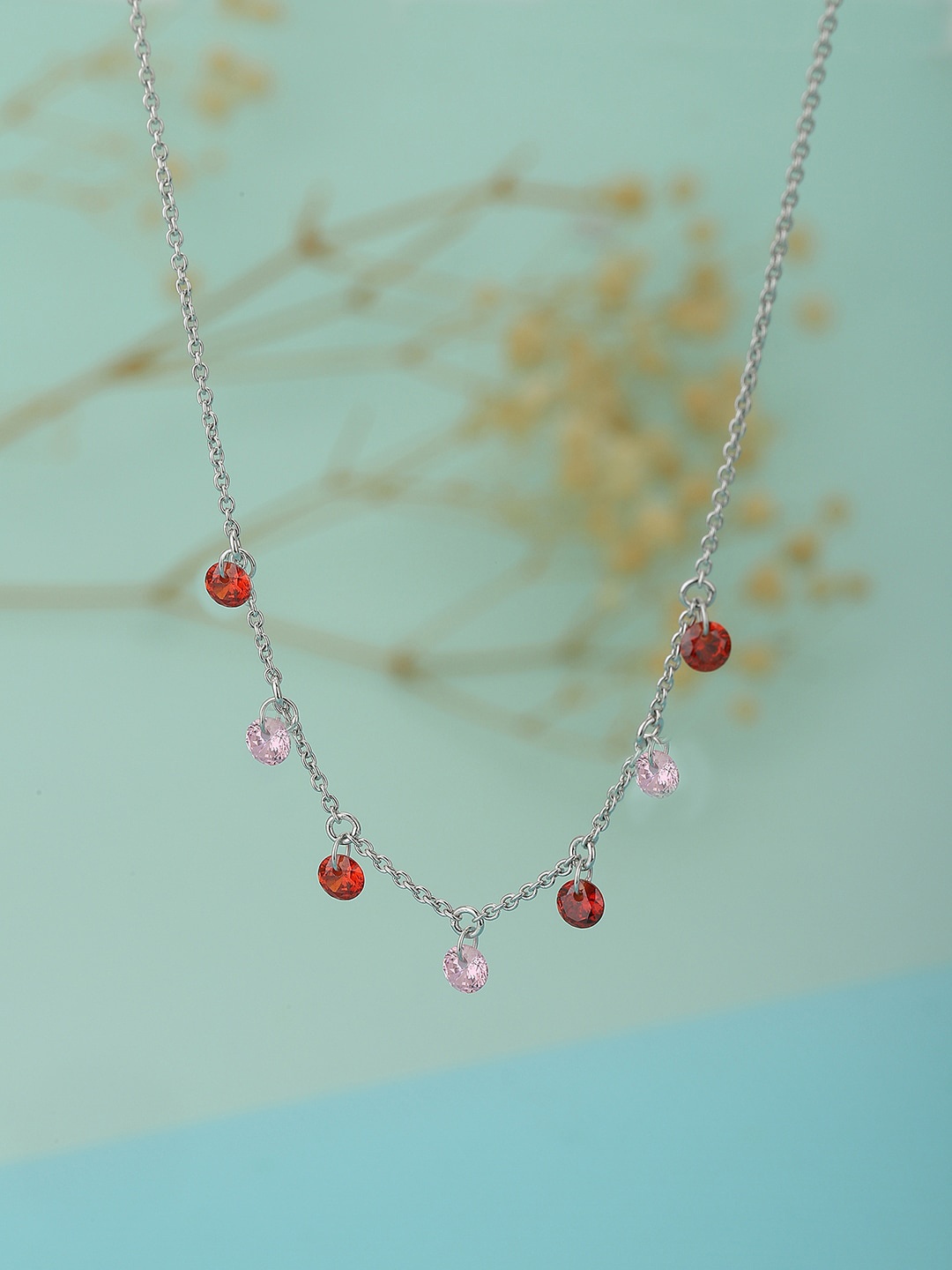 

VANBELLE Silver-Toned & Pink Sterling Silver Rhodium-Plated Handcrafted Necklace