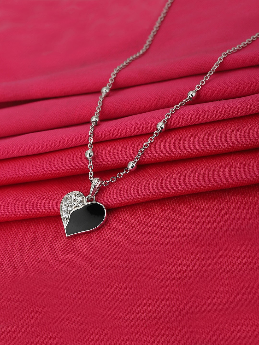 

VANBELLE Silver-Toned & Black Sterling Silver Rhodium-Plated Enamelled Necklace