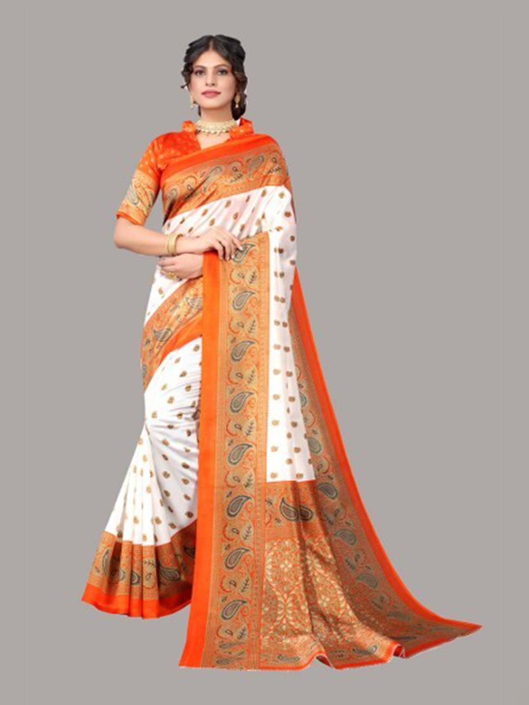 

Yashika Orange & White Paisley Art Silk Saree