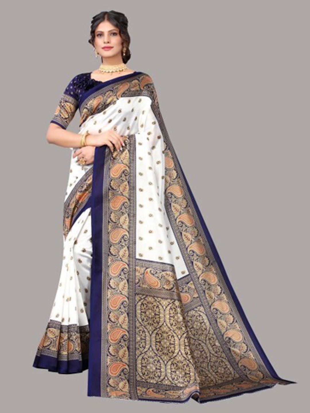 

Yashika Navy Blue & Gold-Toned Ethnic Motifs Art Silk Saree