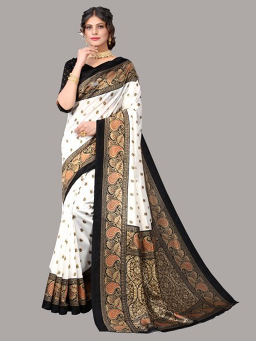 

Yashika Black & White Paisley Art Silk Saree