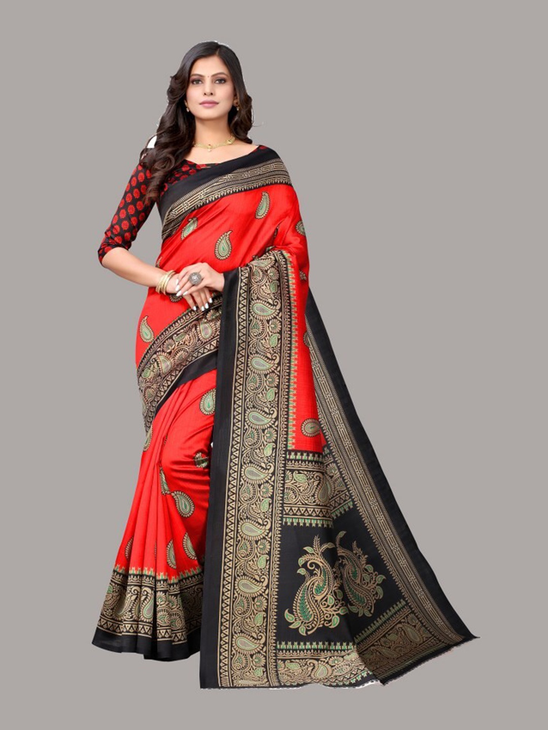 

Yashika Red & Black Floral Art Silk Saree
