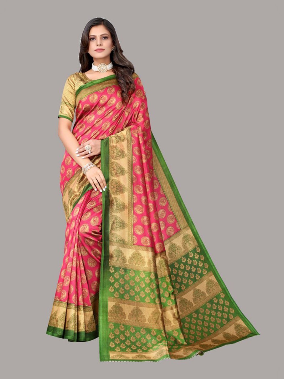 

Yashika Pink & Beige Floral Art Silk Saree