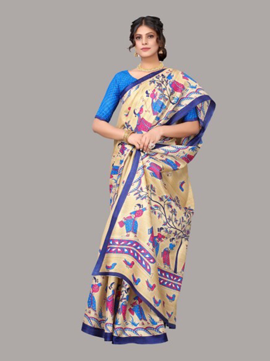 

Yashika Blue & Cream-Coloured Ethnic Motifs Art Silk Saree