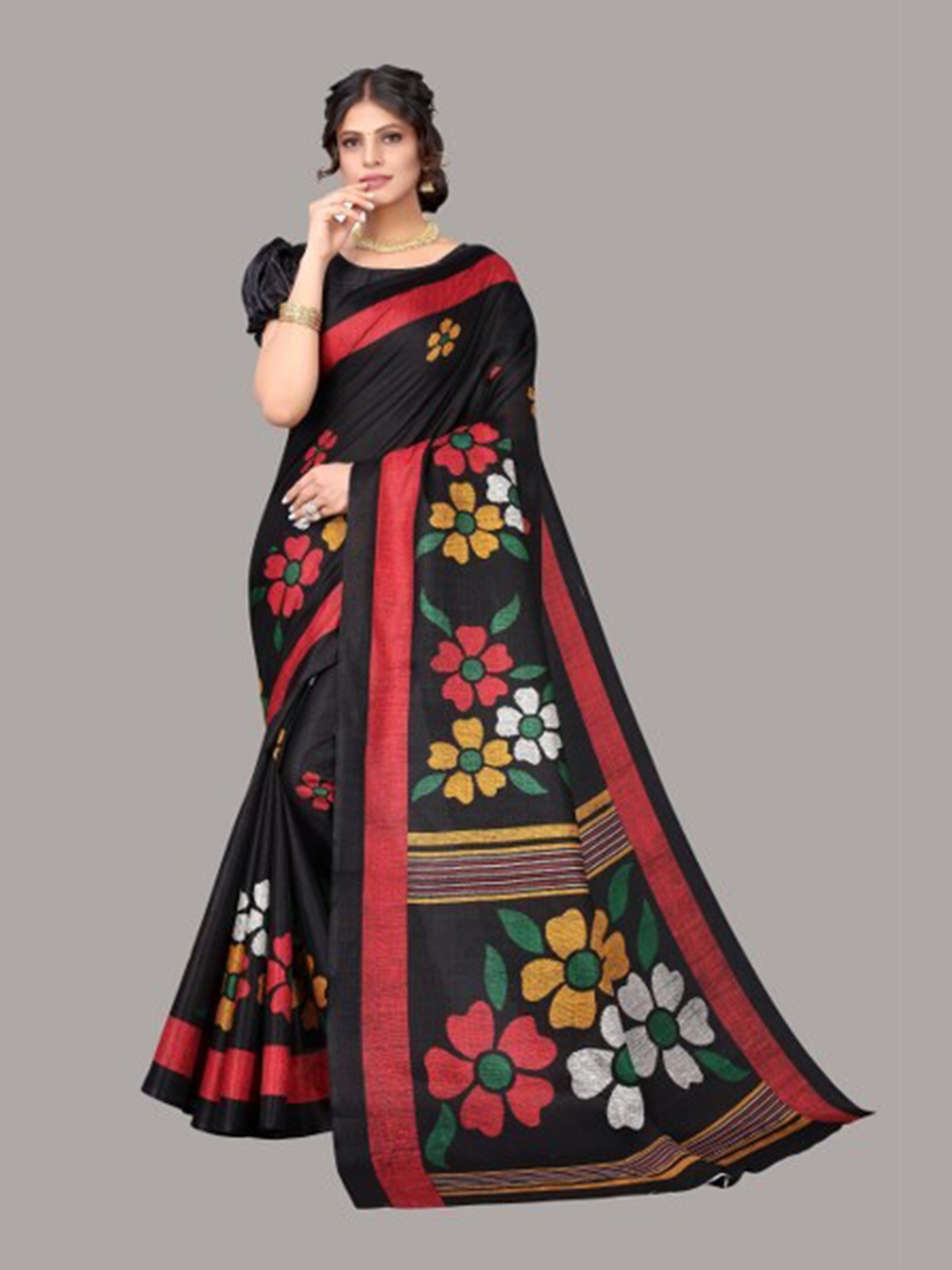 

Yashika Black & Pink Floral Art Silk Saree