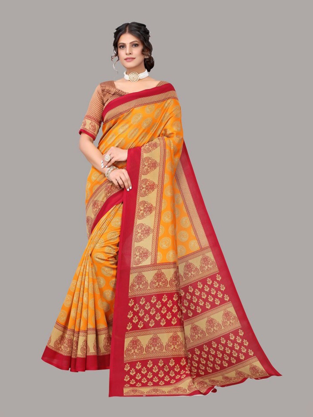 

Yashika Mustard & Red Floral Art Silk Saree