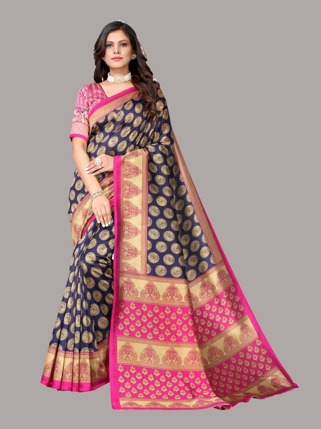 

Yashika Navy Blue & Pink Ethnic Motifs Art Silk Saree