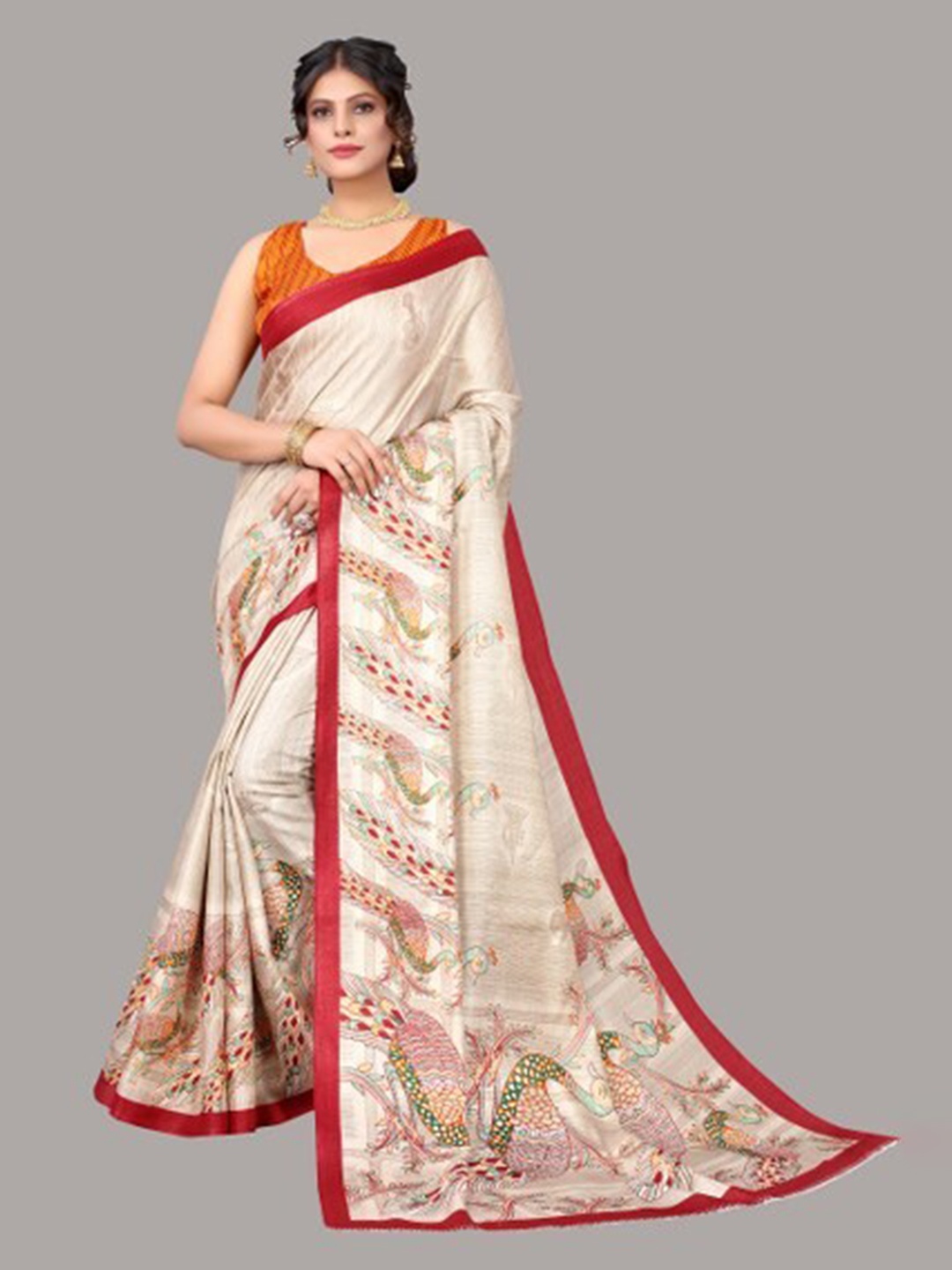 

Yashika Red & Cream-Coloured Ethnic Motifs Beads and Stones Art Silk Saree