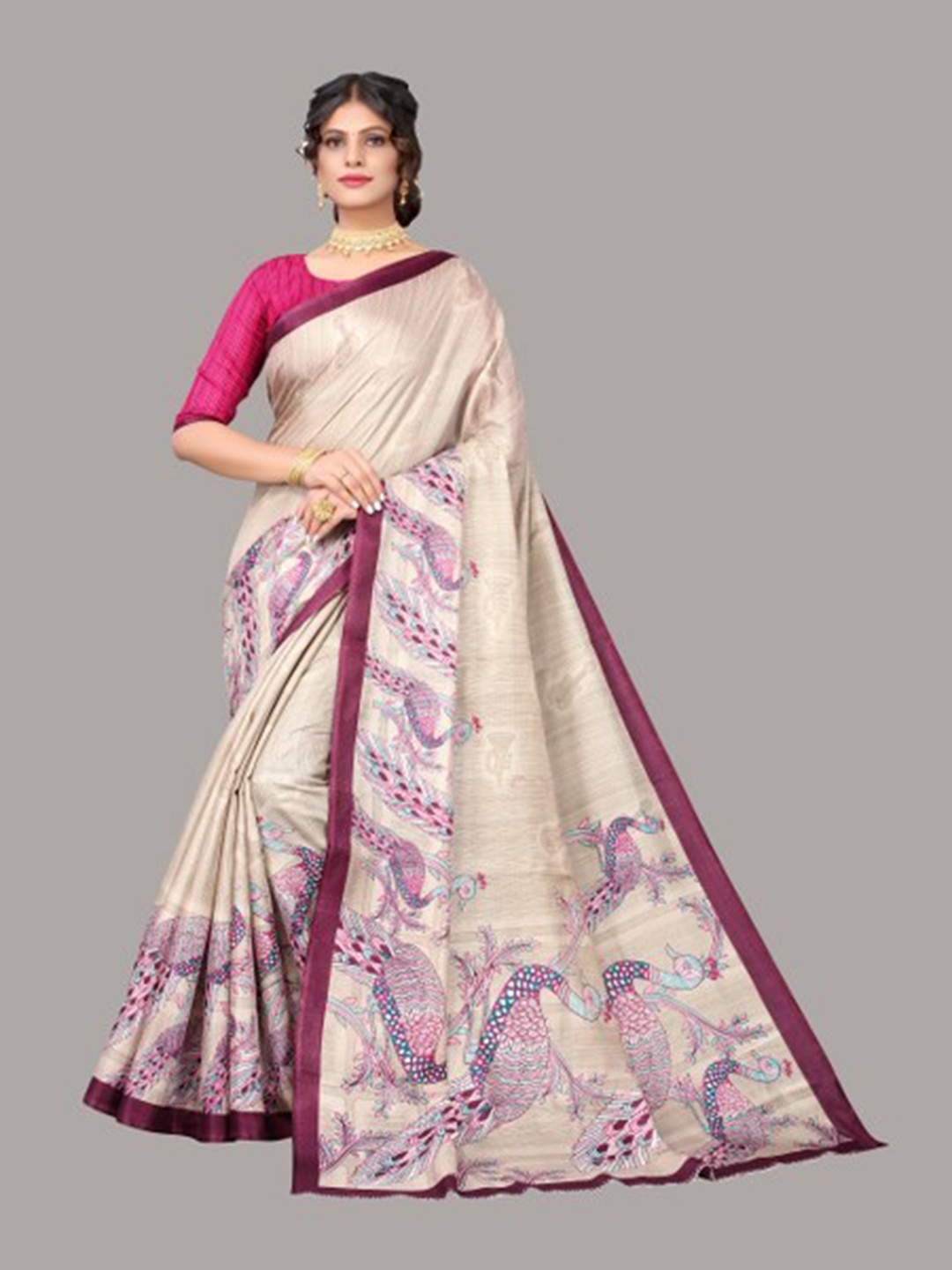

Yashika Purple & Beige Ethnic Motifs Art Silk Saree