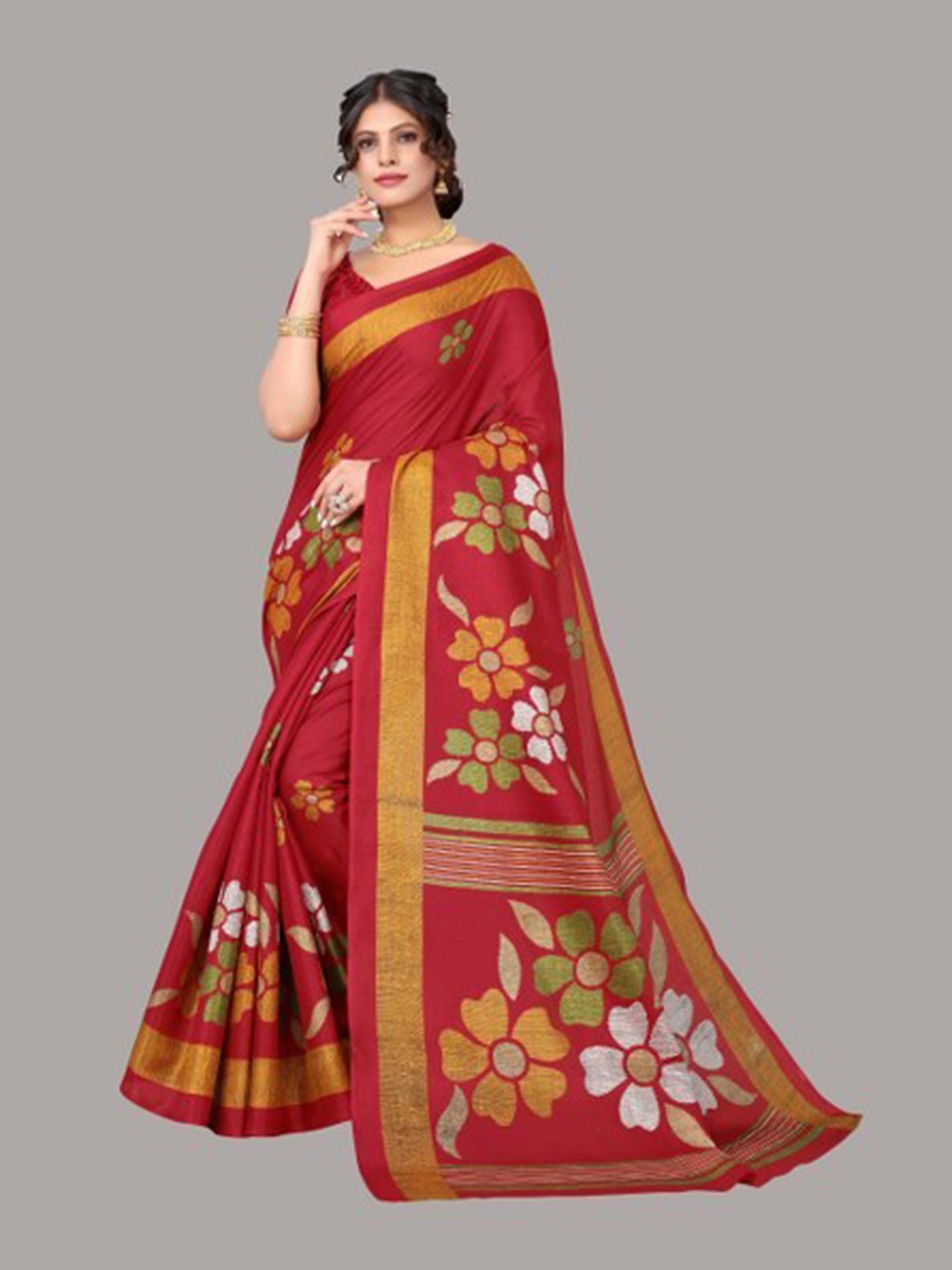 

Yashika Red & Green Floral Art Silk Saree