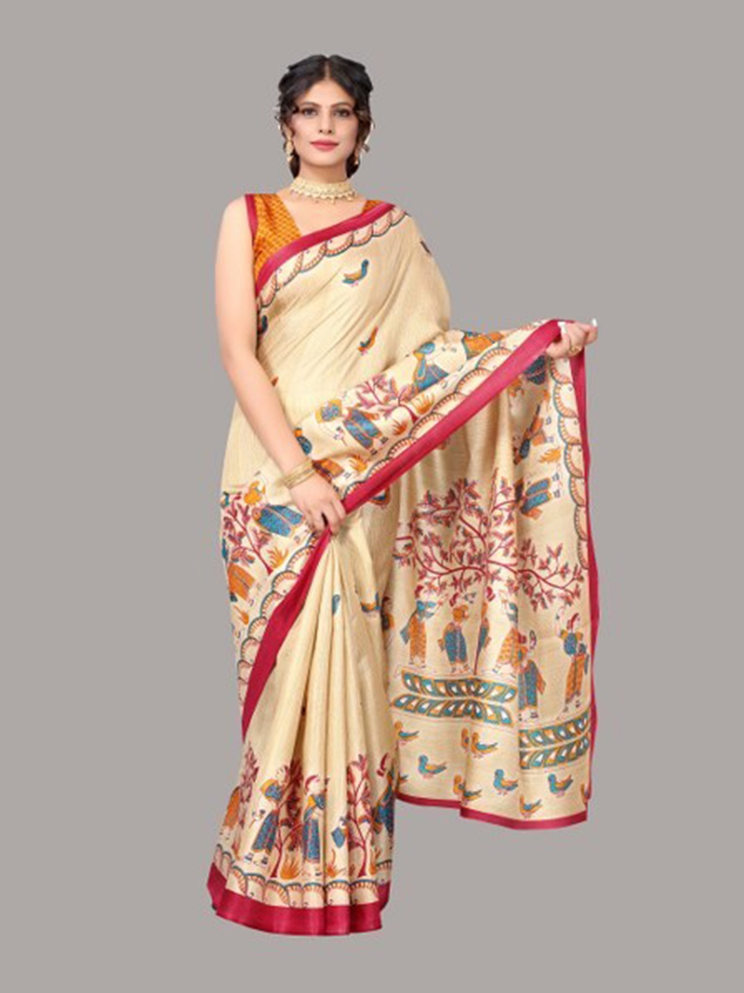 

Yashika Red & Cream-Coloured Floral Art Silk Saree
