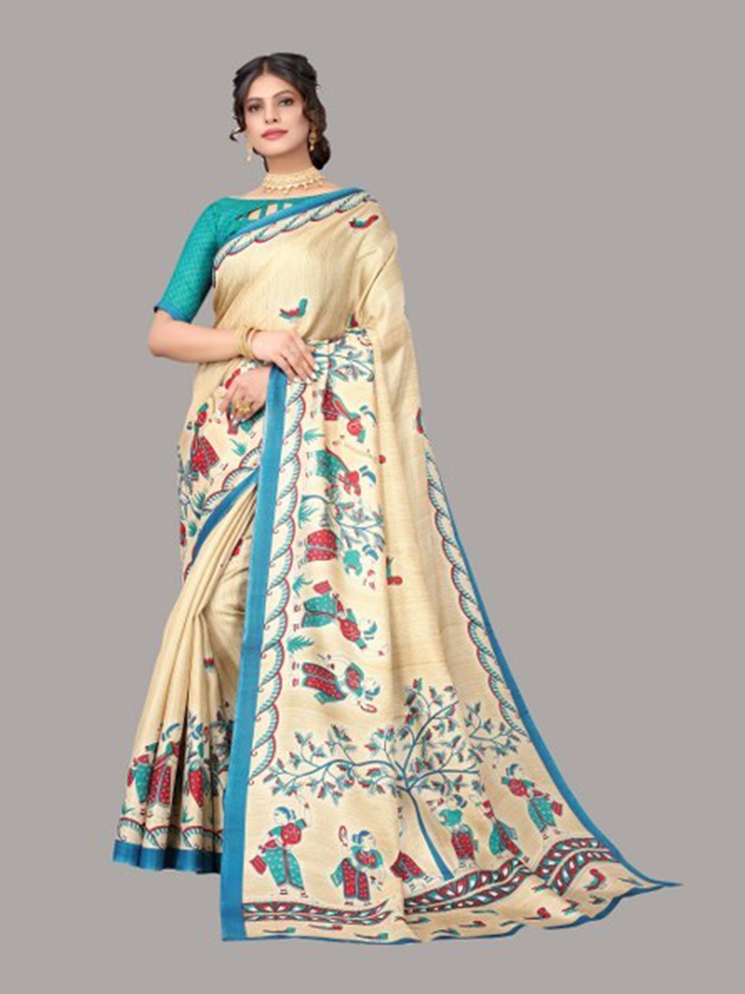 

Yashika Teal & Cream-Coloured Ethnic Motifs Art Silk Saree