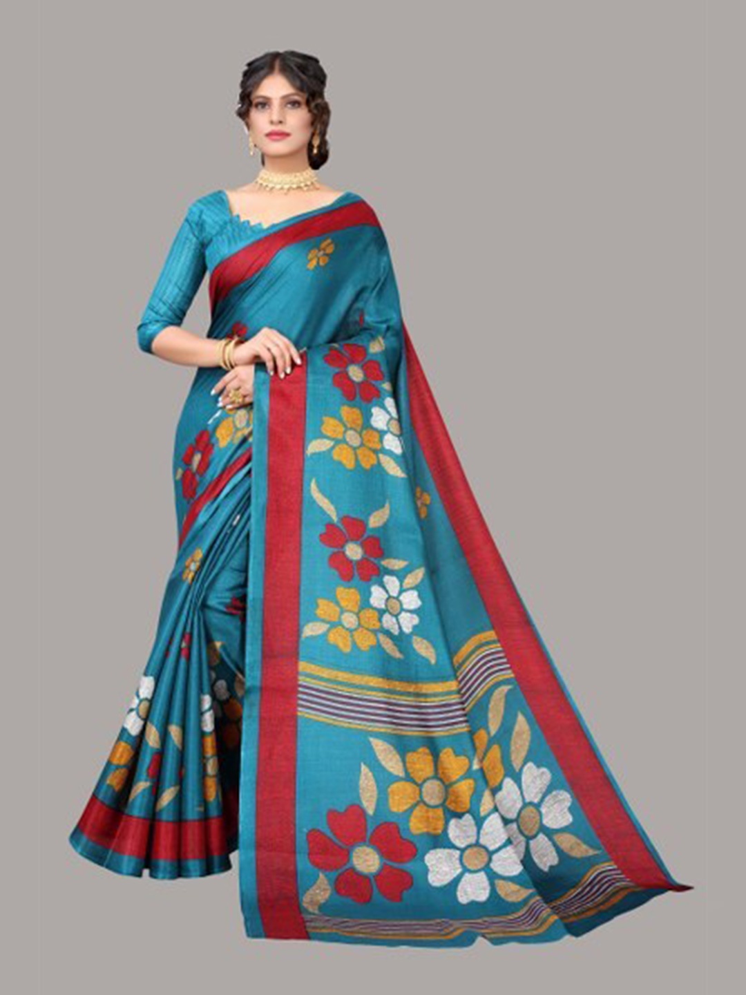 

Yashika Teal & Red Floral Art Silk Saree