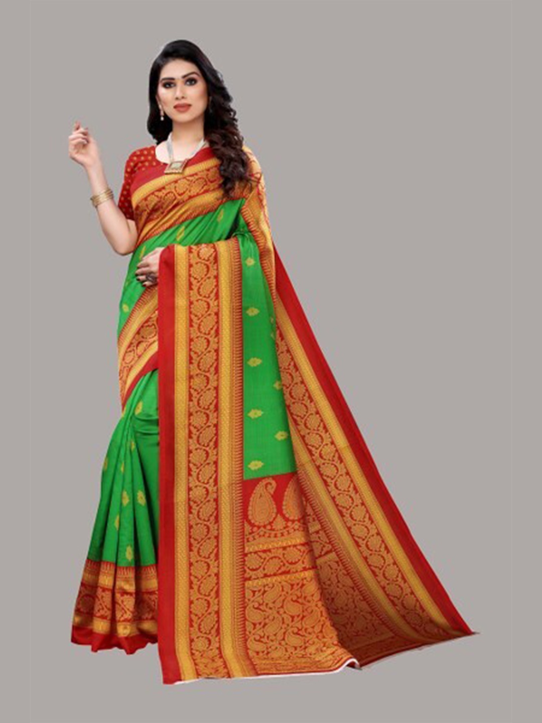 

Yashika Green & Red Floral Art Silk Saree