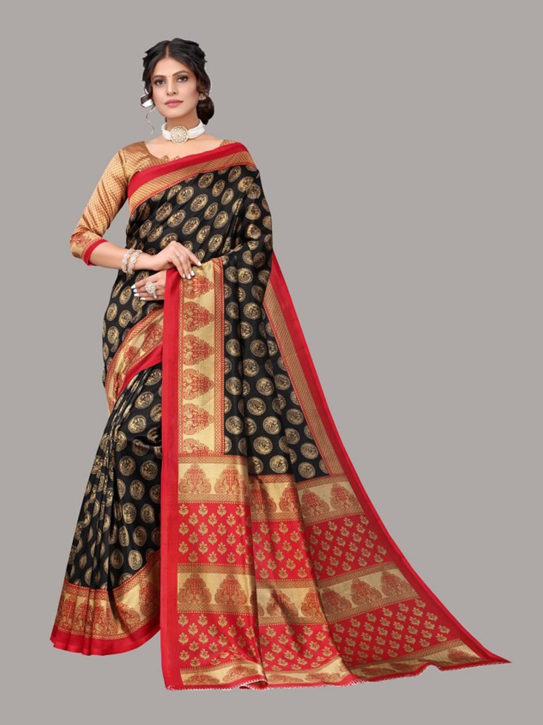 

Yashika Black & Gold-Toned Floral Art Silk Saree