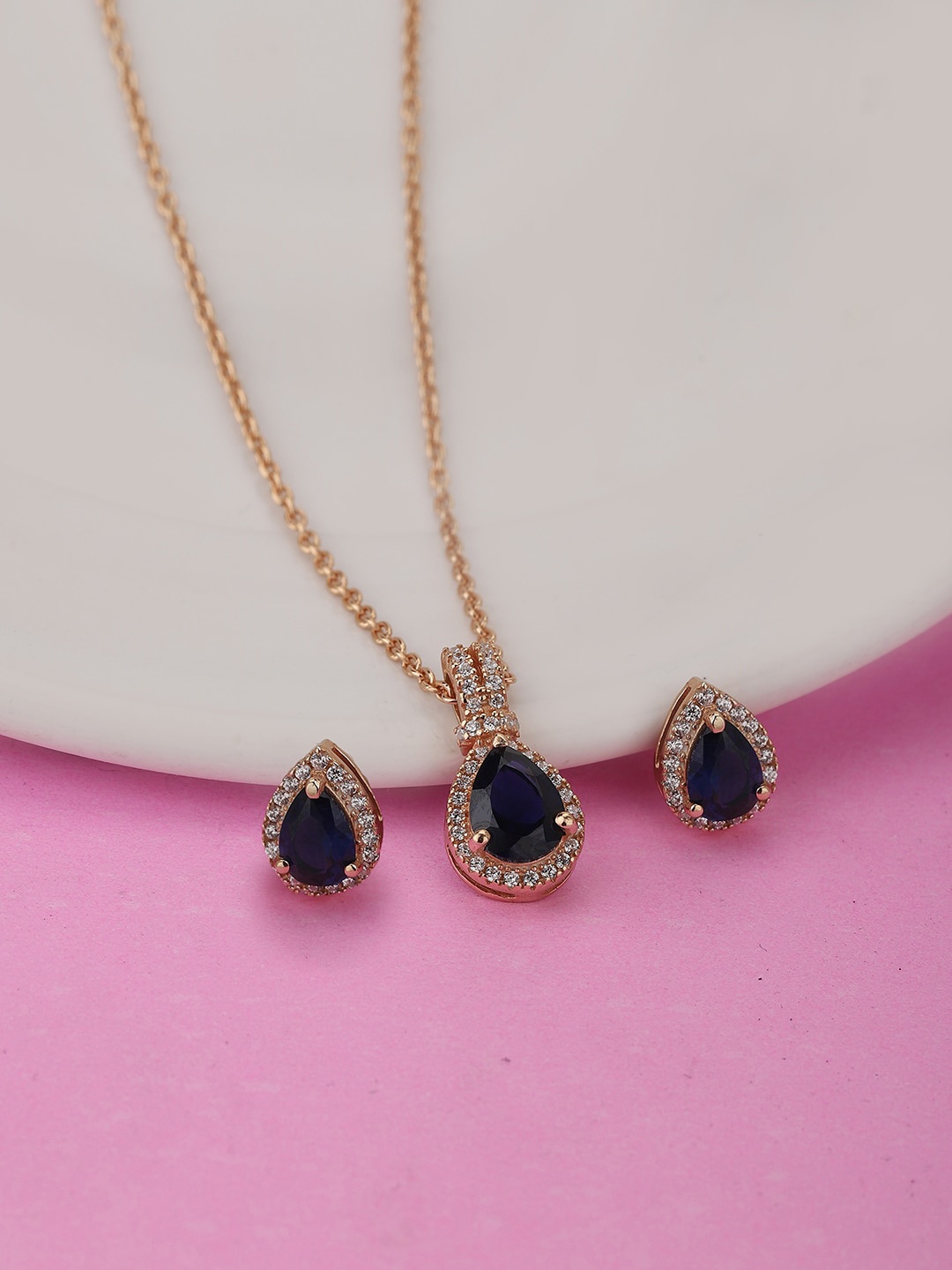 

VANBELLE Rose Gold-Plated Black CZ Studded Necklace Jewellery Set