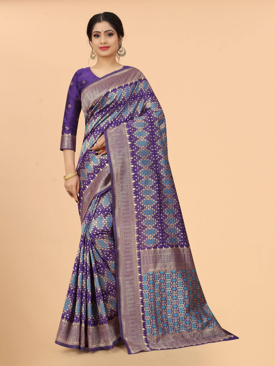 

INDI AVTAAR Purple & Blue Woven Design Zari Silk Cotton Fusion Banarasi Saree