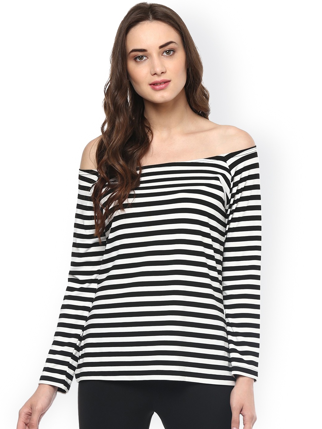 

Pannkh Women Black Striped Bardot Top