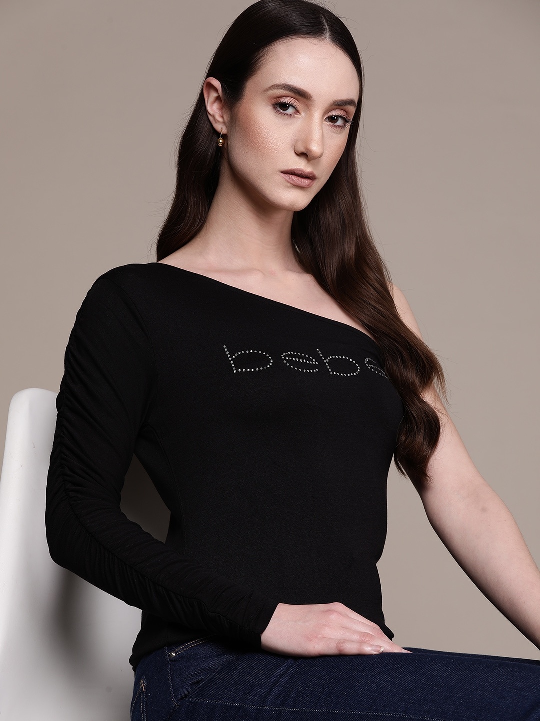

bebe Season Staples Nightlife Black Brand Logo Embellished One Shoulder Fitted Top
