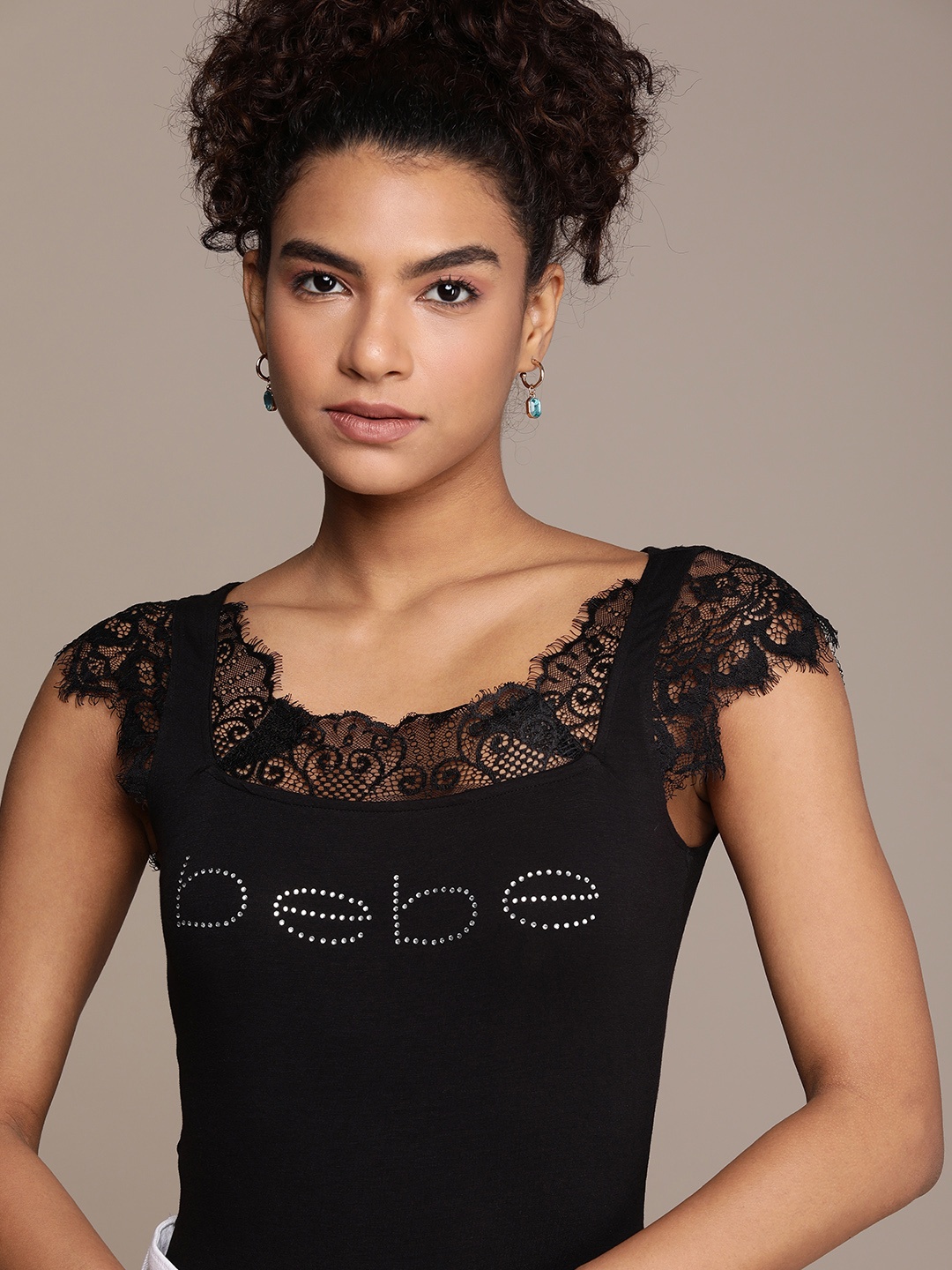 

bebe Brand Logo Embellished Top With Lace inserts detail, Black