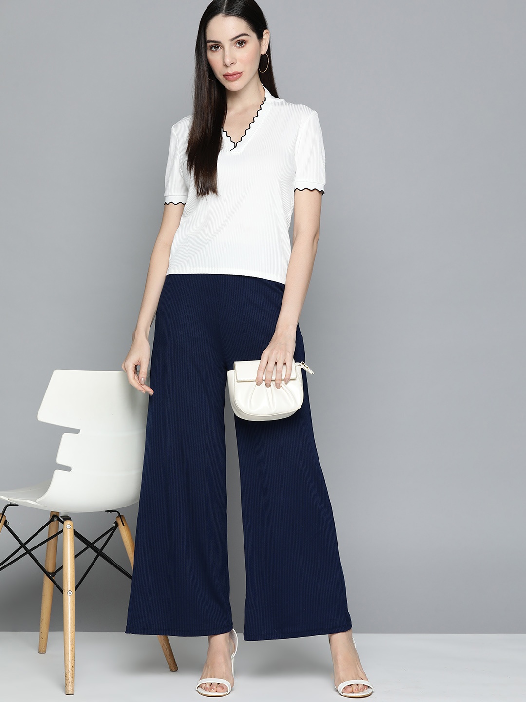 

Chemistry Women Navy Blue Ribbed Wide Leg Trousers