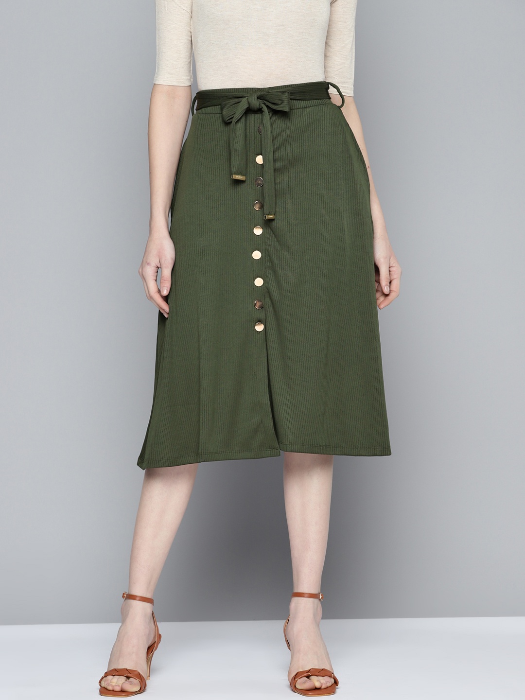

Chemistry Women Ribbed Button Detailed A-Line Skirt with Belt, Olive
