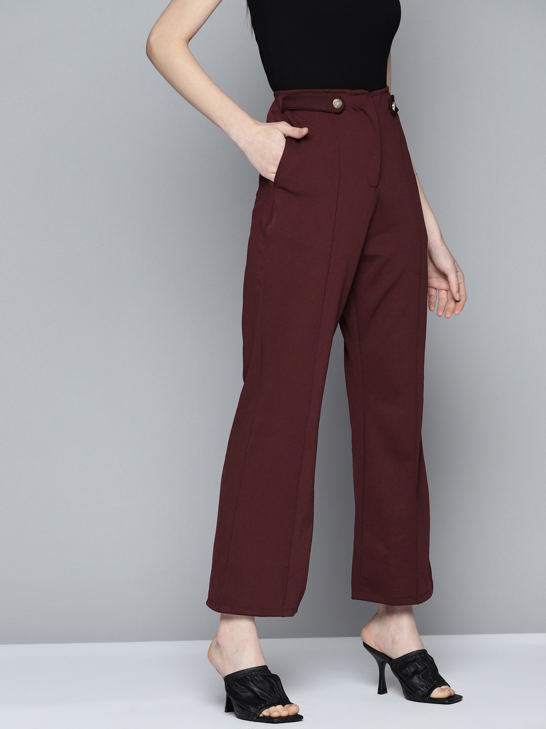 

Chemistry Women Tab Detail Flared Pleated Trousers, Maroon