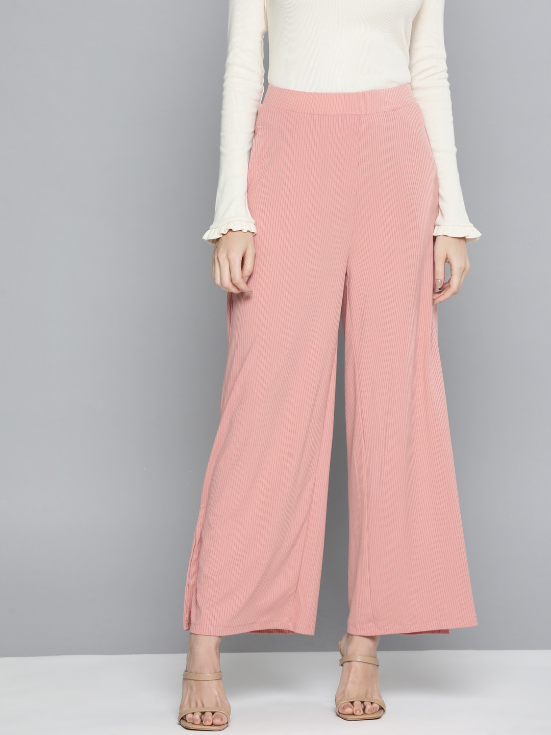 

Chemistry Women Pink Ribbed Wide Leg Trousers