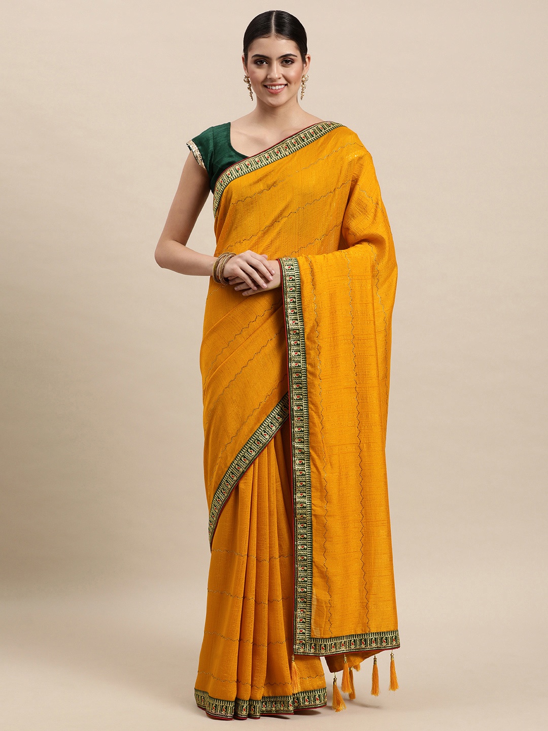 

MOHEY Mustard Yellow Embellished Saree