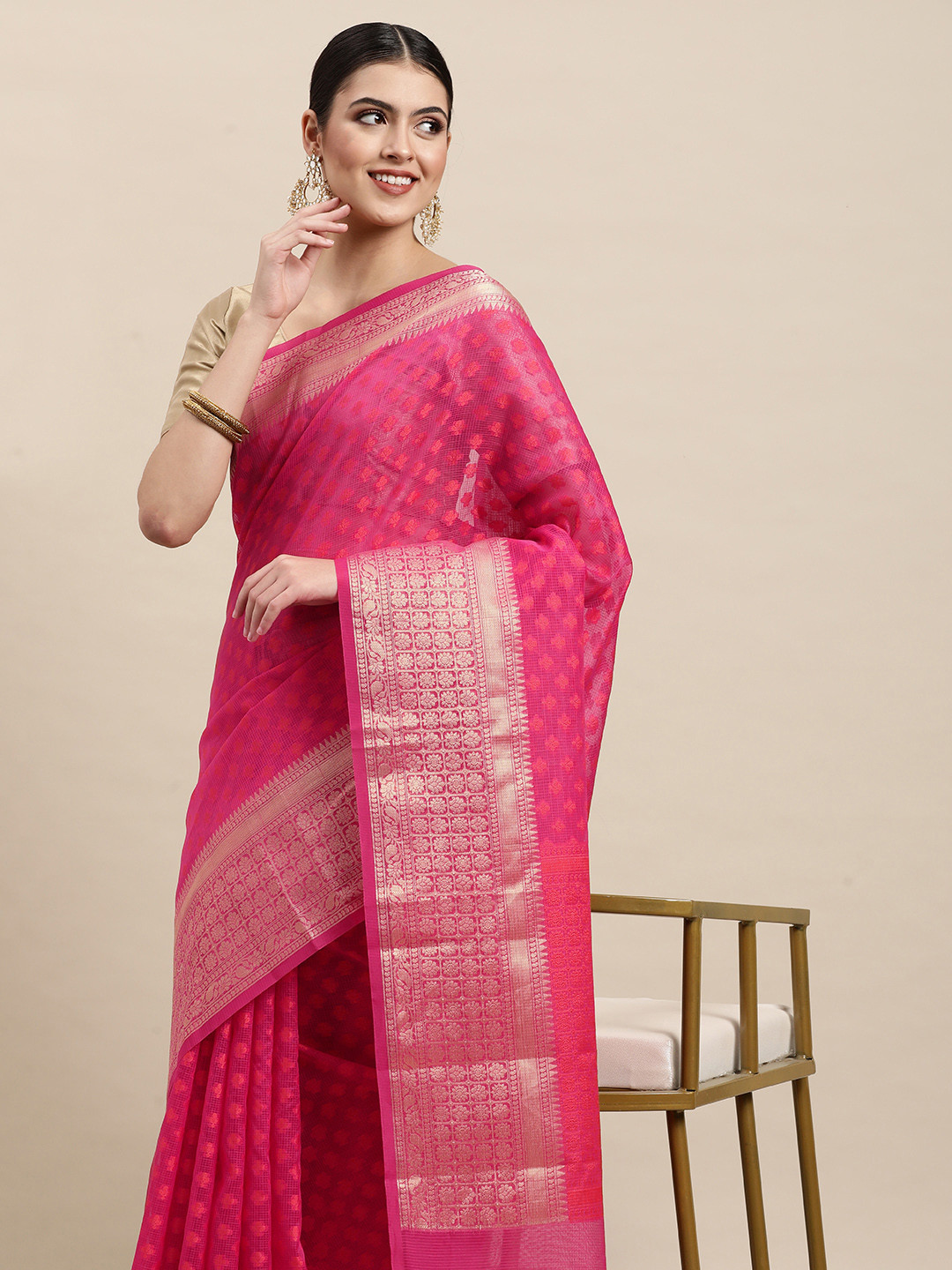 

MOHEY Pink Ethnic Motifs Woven Design Chanderi Silk Saree