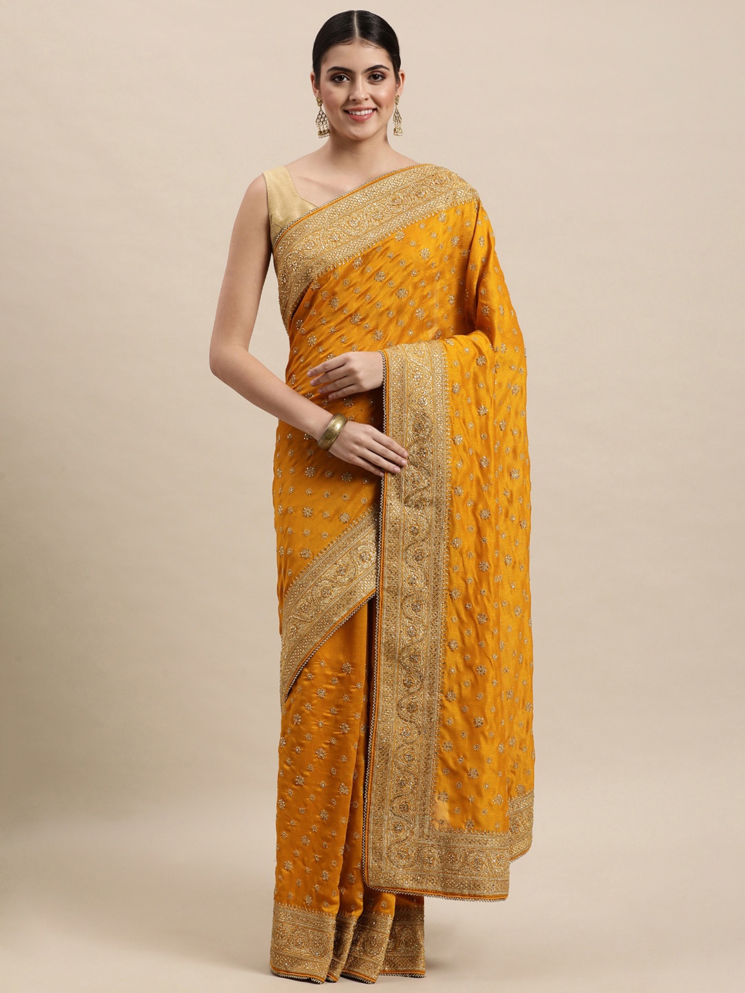 

MOHEY Orange Ethnic Motifs Sequinned Silk Blend Heavy Work Saree
