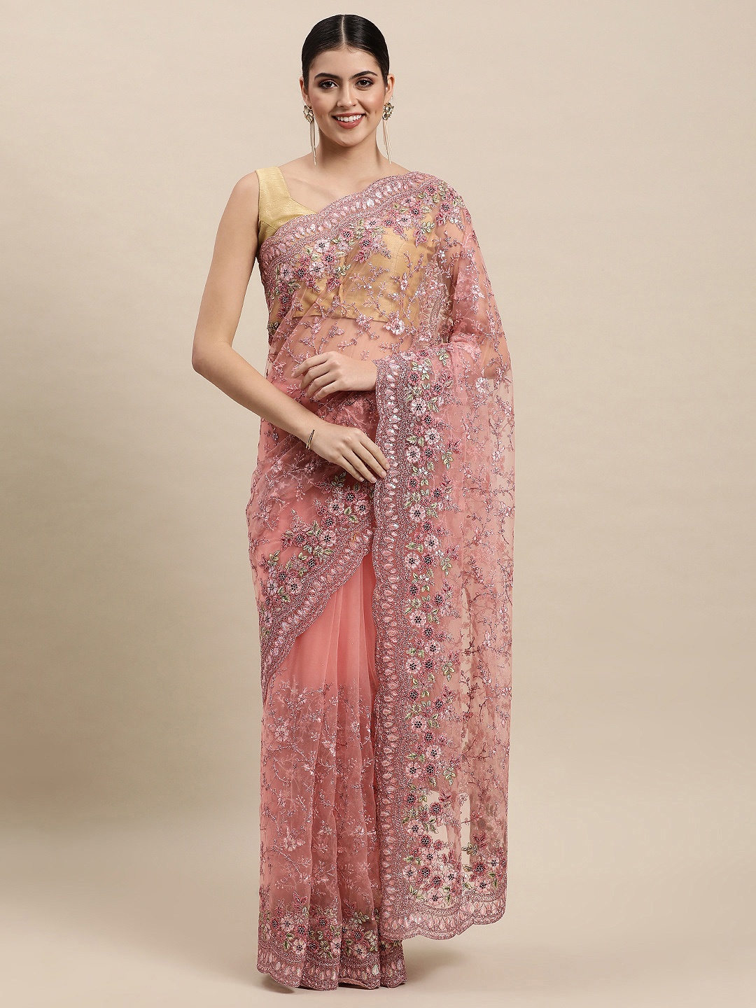 

MOHEY Pink Floral Embroidered Net Saree