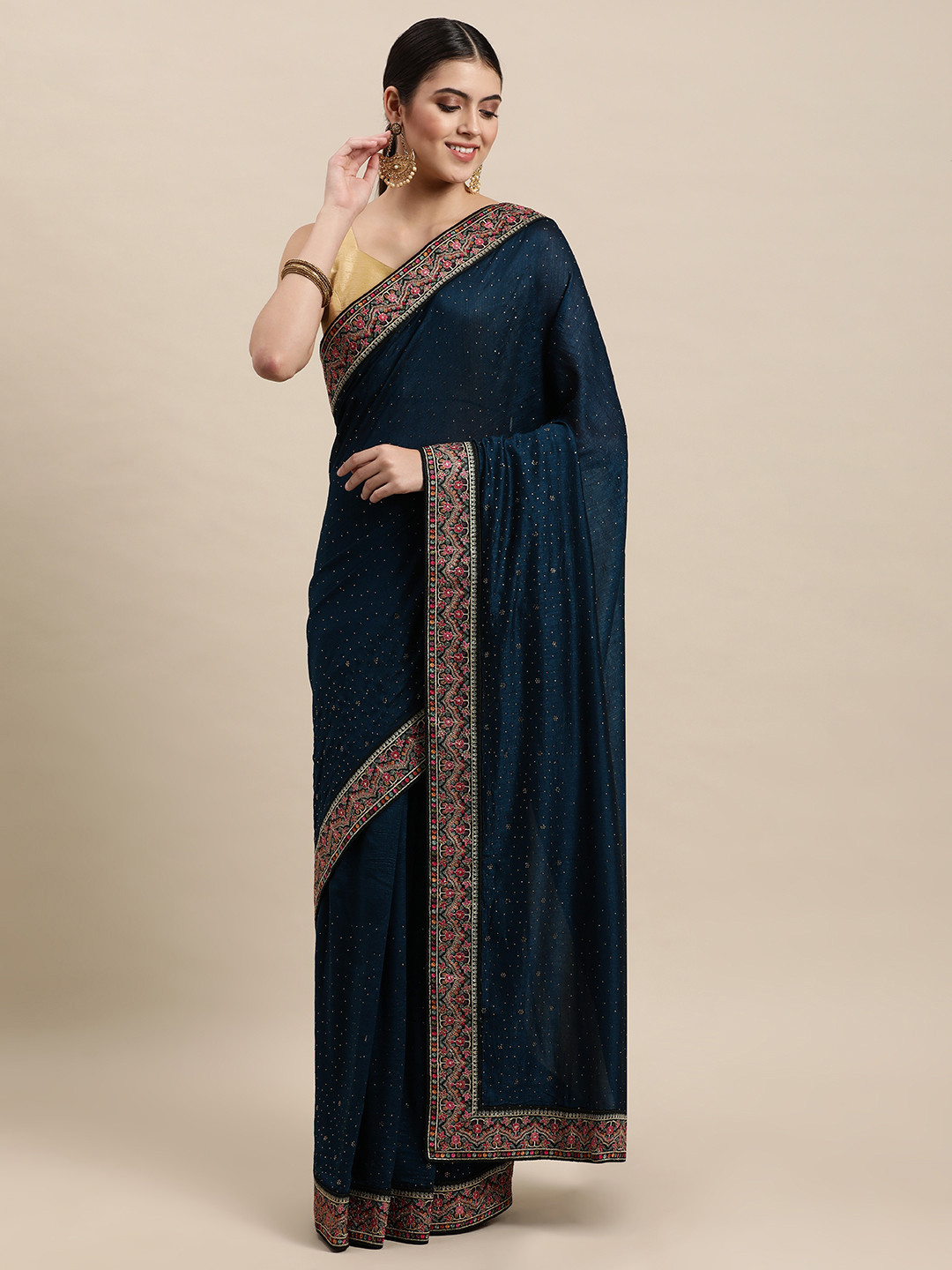 

MOHEY Navy Blue Embellished Art Silk Saree