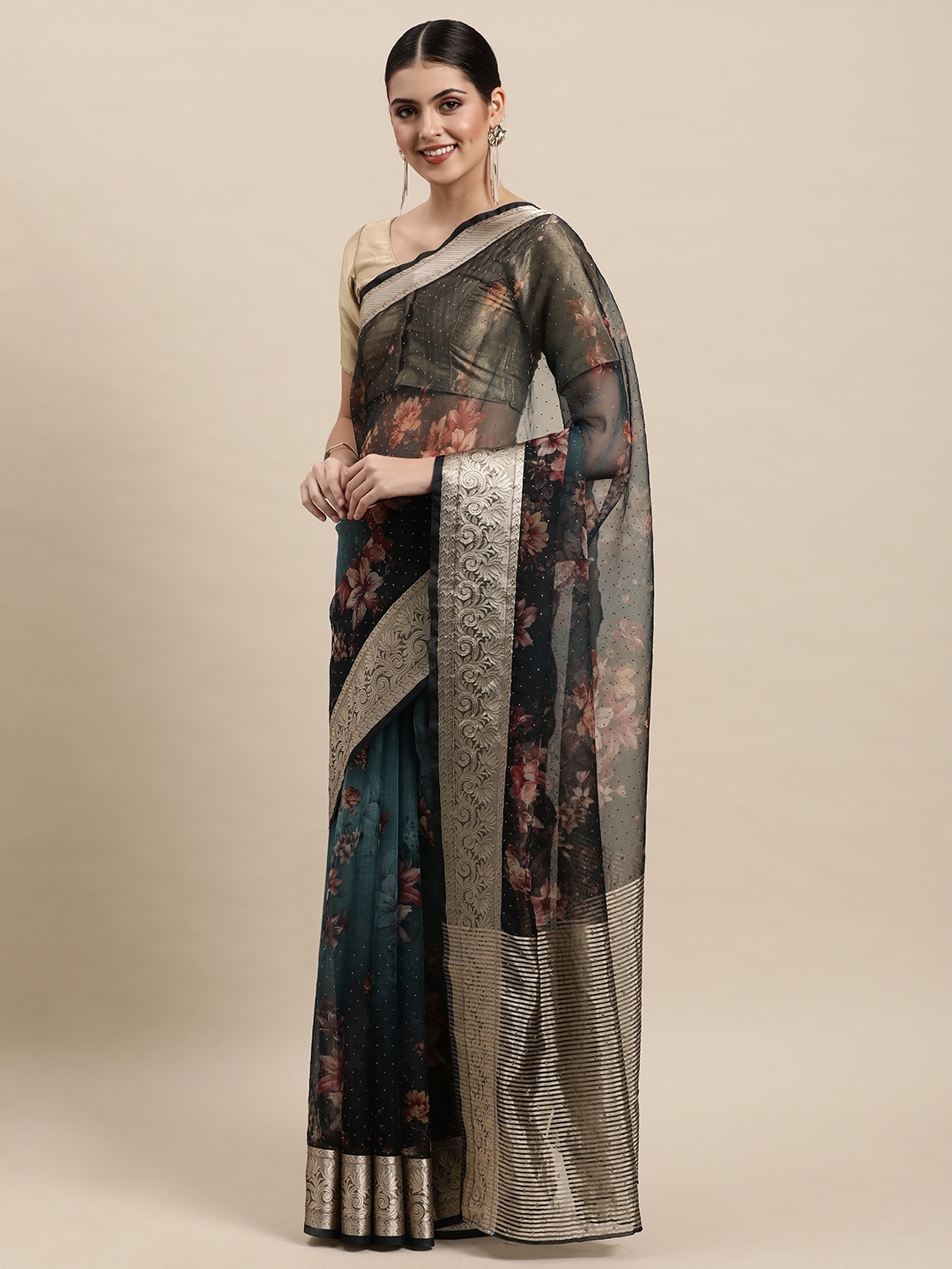 

MOHEY Charcoal Grey & Blue Floral Print Organza Saree