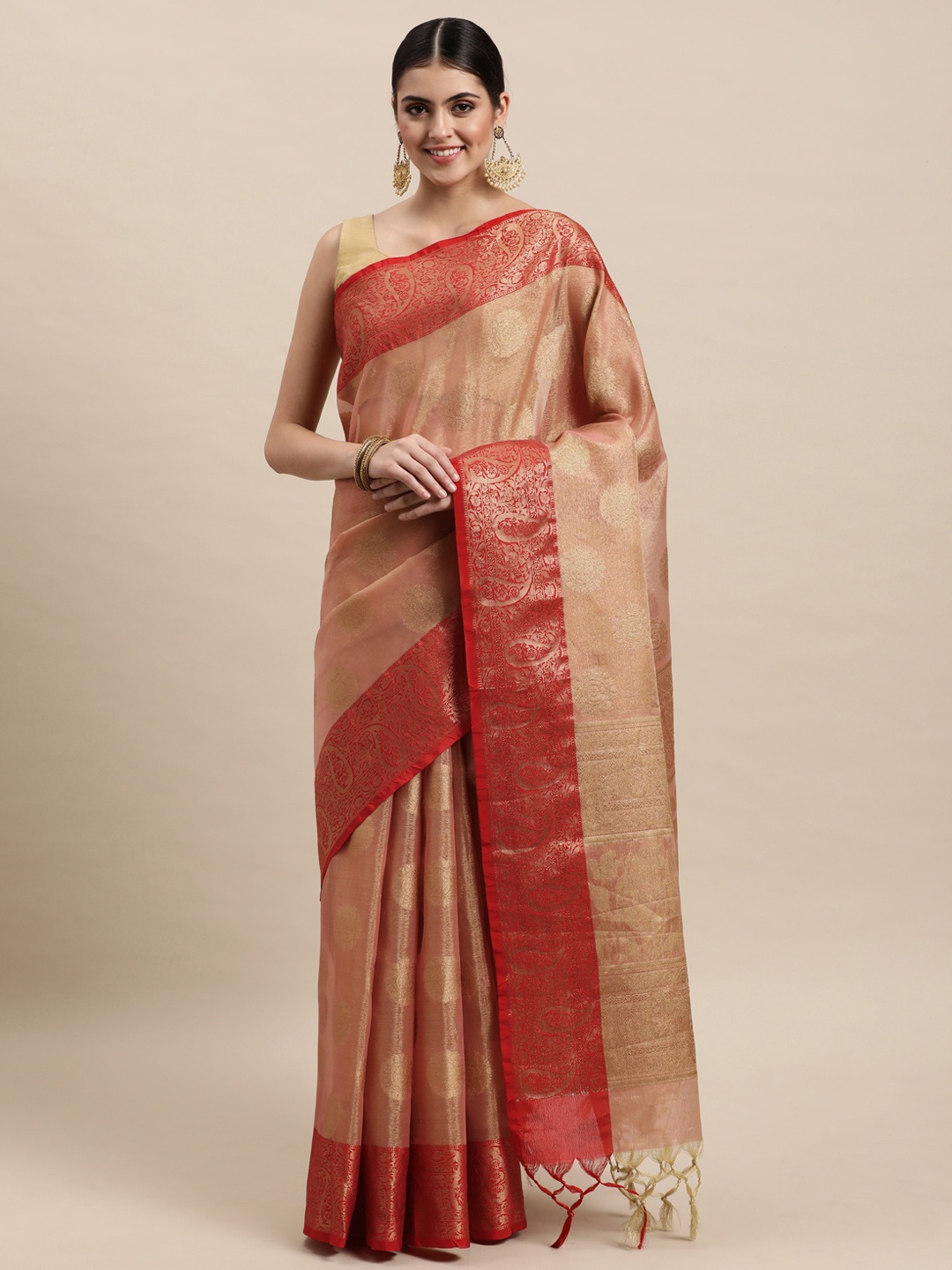 

MOHEY Dusty Pink & Golden Dual-Toned Woven Design Chanderi Saree