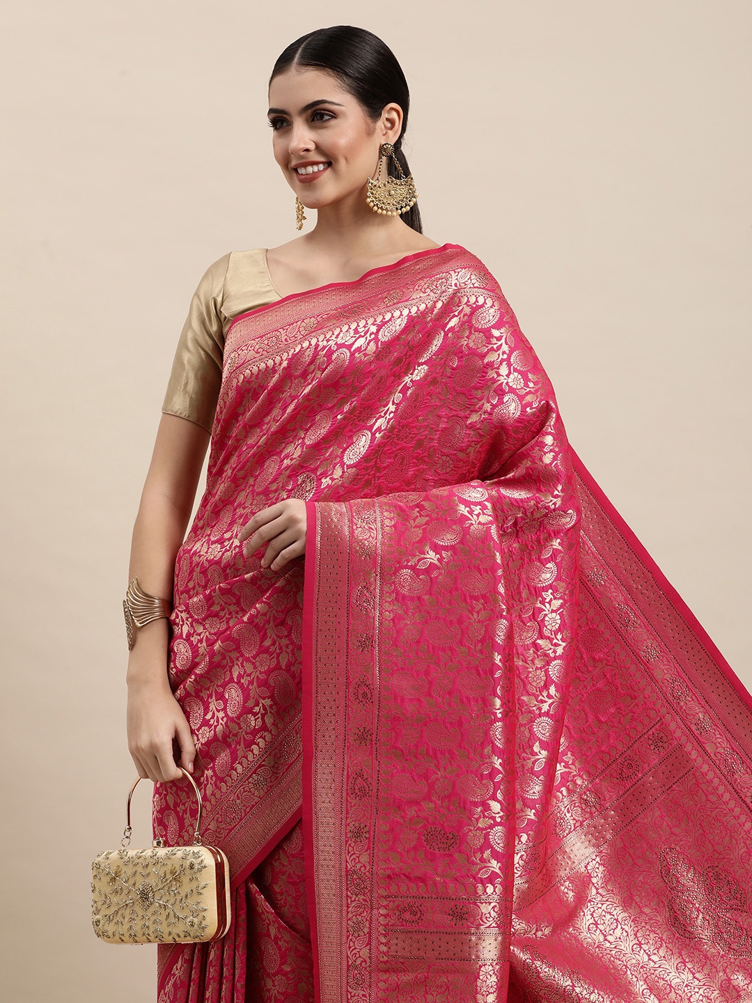 

MOHEY Pink & Golden Ethnic Motifs Woven Design Saree